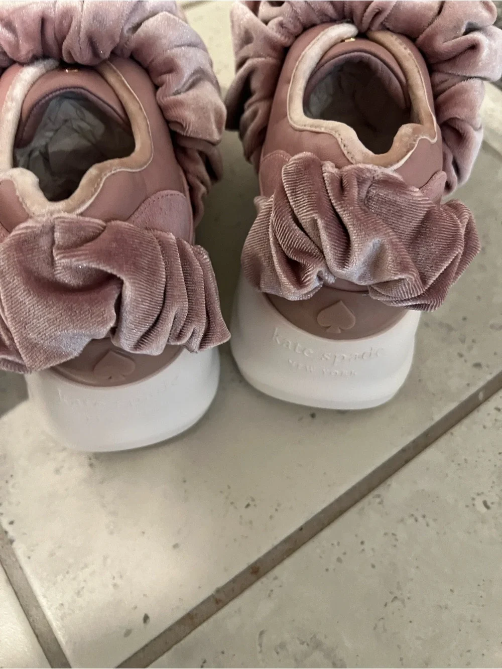 NWT kate spade Cream and Blush Pink scrunchie sneaker in plush and leather